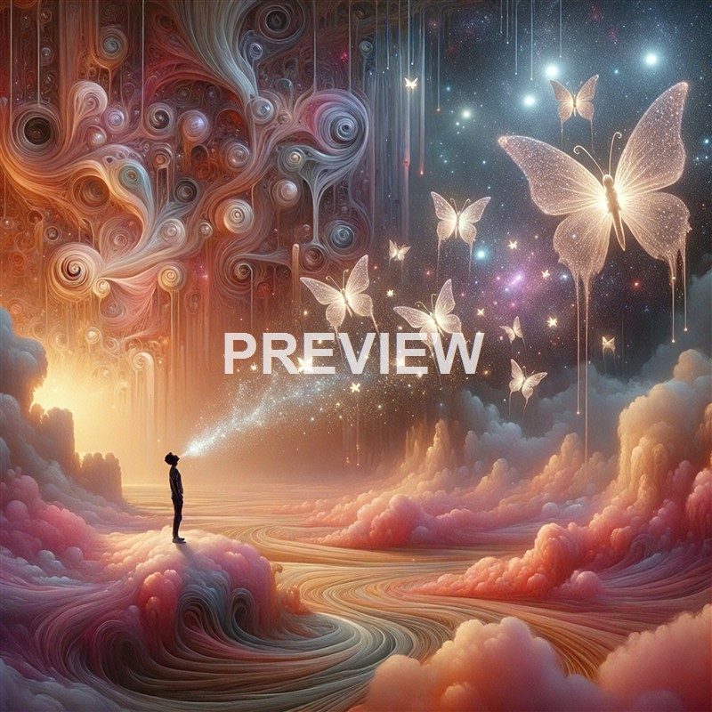 A surreal, fantastical scene featuring a person standing on pink clouds with butterfly-shaped lights and cosmic elements like stars and swirling patterns in the sky.